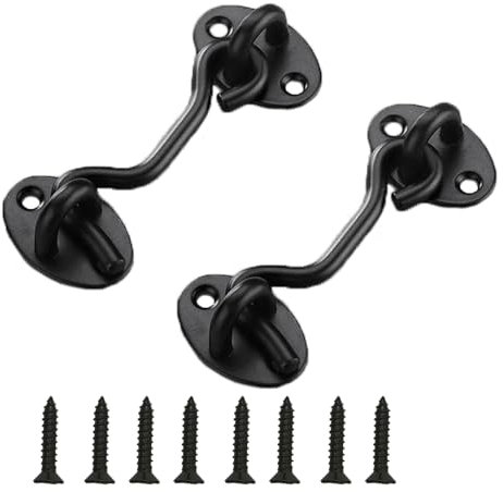 BINJCE 2 ganchos para tormentas de acero inoxidable con ojal, ganchos pequeños negros, ganchos para ventanas para puertas oscilantes de madera, persianas, puerta de granero, cerrojo con 8 tornillos de