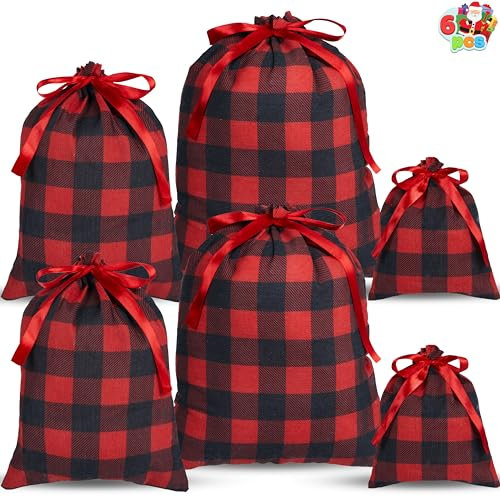 JOYIN 6 Stück weihnachtliche Stoff-Geschenktüten mit Kordelzug Büffelkariertes Weihnachtsmann-Säckchen in verschiedenen Größen Weihnachtsfeiern Geschenkverpackungen wiederverwendbare Partygeschenke