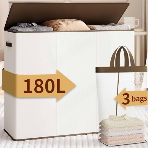 Relefree Wäschekorb mit 3 Fächern, 180 l, großer Wäschekorb zum Sortieren von Wäsche, Wäschekorb mit 3 abnehmbaren Taschen, Wäschekorb mit Deckel, ideal für Schlafzimmer, Badezimmer, Schlafsaal