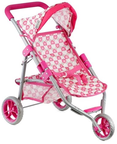 BiBi Doll Jogger Stroller With 3 Wheels & Foam Handle In Pink - Baby Dolls Pushchair Dolls Buggy Adjustable Canopy Foldable Design Baby Doll Accessories
