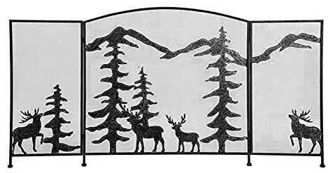 Large Fireplace Screen with Tree and Deer Design 3 Panel Wrought Iron Metal Fire Place Standing Gate with Solid Metal Mesh Cover Fireplace Guard for Home Decor and Safety