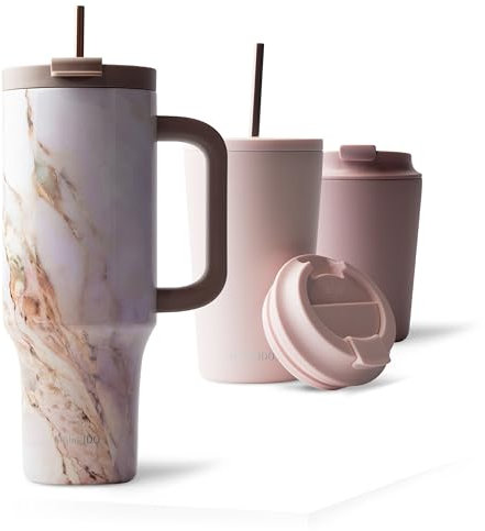 MAMEIDO Thermobecher mit Strohhalm & Henkel 1200ml, Trinkbecher mit Deckel und Strohhalm aus Edelstahl doppelwandig isoliert, auslaufsicher (Pearl Marble, 1,2l)