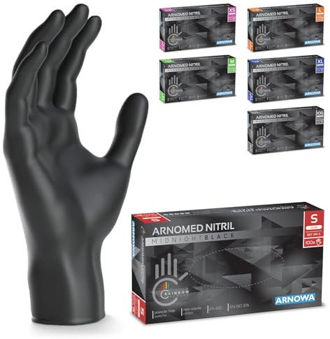 500 Stück (5x100) ARNOMED Einweghandschuhe Schwarz, Einmalhandschuhe S, Nitril Handschuhe Einweg, Nitrilhandschuhe puderfrei, Gummihandschuhe Einweg, Schutzhandschuhe Nitril in XS, S, M, L, XL, XXL
