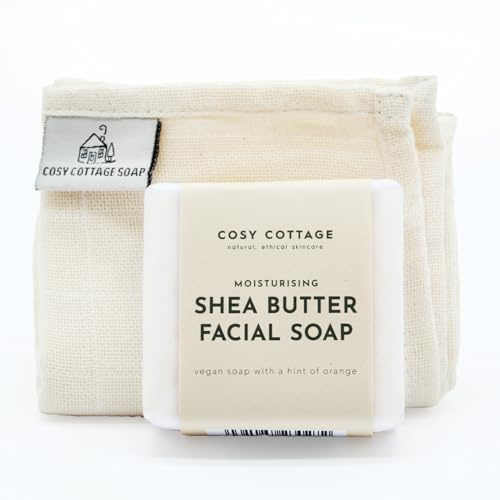Cosy Cottage Shea Butter Facial Soap (55g) with Muslin Cloth (30cm x 30xm) | Handmade, Vegan and Moisturising | Gentle Facial Cleanser | Palm Oil Free | Plastic-Free and Eco-Friendly
