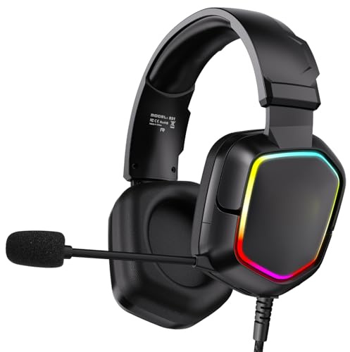 Plyisty Gaming-Headset mit Mikrofon, omnidirektionale Geräuschunterdrückung, kabelgebundene 3,5-mm-Gaming-Kopfhörer, RGB-Beleuchtung, integrierte Lautstärkeregelung, für Spiele, PC (Black)