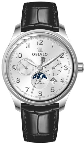OBLVLO Herrenuhr mit Kalender, Automatikuhr, Mondphase, leuchtendes Kalbslederband, klassische Uhr WM