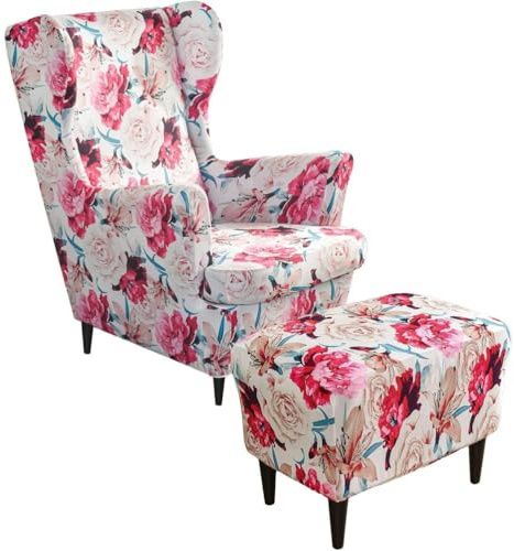 Generisch Ohrensessel überzug mit Hocker Bezug- 2 Teilig Sessel-Überwürfe+1 Teilig Ottomane Schonbezug, Beige/Grün/Rosa/Blau Schonbezüge Sesselhusse Stretch Stuhlbezug mit Armlehne,U