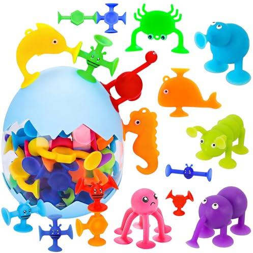 Badespielzeug ab 2 3 4 Jahre, 30 Stück Saugnapf Spielzeug Kinder mit Eierschalen Aufbewahrung, Mini Silikon Saugnäpfe Autismus Sensorik Spielzeug, Montessori Spielzeug für Kinder