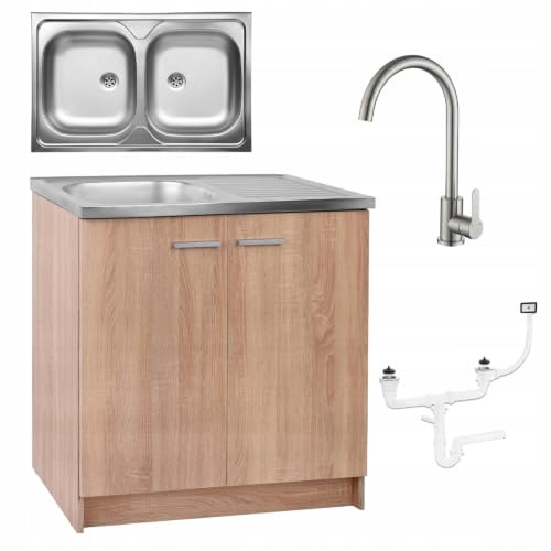 Spülenschrank Küchenschrank 80 cm Sonoma 2-Kammer Spüle Armatur Hoch Oliv Set Standschrank 46cm Tiefe Elastische Armatur Siphon Montagefertig XXL