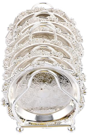 Angoily Plateau de Service Argenté 1 Support avec 6 Assiettes à Fruits Secs en Métal Argenté, Plat de Rangement Créatif pour En-cas et Présentation, Cuisine, Salon et Événements