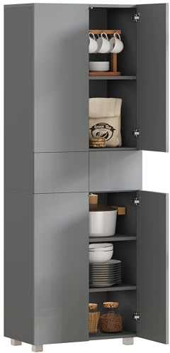 HOMCOM 4-Door Kitchen Cupboard Tall Freestanding 5-Tier High Gloss Grey
