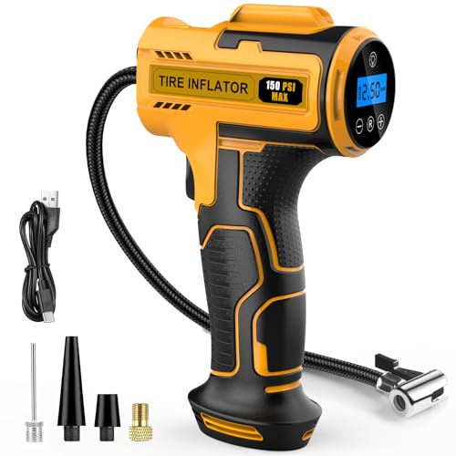 Cordless Tyre Inflator Air Compressor, Portable Handheld Rechargeable Battery Tyre Pump with Digital Pressure Gauge, Electric Tyre Inflator with LED Light & 4 Nozzle for Car, Motorcycle Bike