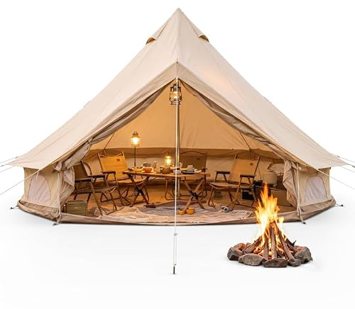 Glockenzelt 4m,Partyzelt,Tipi Zelt Outdoor,Jurte Zelt 4x2,5m(Beige-B) | Wasserdichtes Oxford, für 4–8 Personen, Netzfenster und insektensichere Türen, für Familiencamping,Festivals