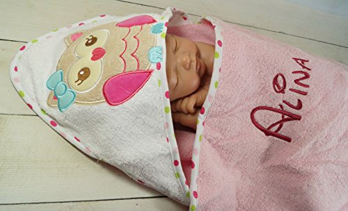 ★ Kapuzentuch mit Namen bestickt ★ HANDTUCH MIT KAPUZE ★ 100x100 cm ★ (100 x 100 cm, Rosa - Eule 2) (100006)