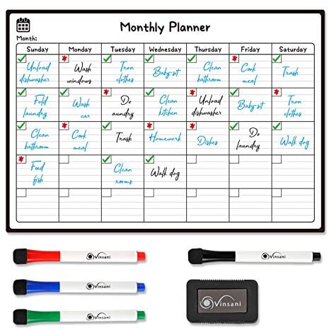 Vinsani Monthly Whiteboard A3 Size - Make Notes, Lists, Memos, Menus. for Home, School, Office and Kitchen Use with 4 Free Magnetic Dry Wipe Pens and Magnetic Eraser (29.7 x 42.8 cm)