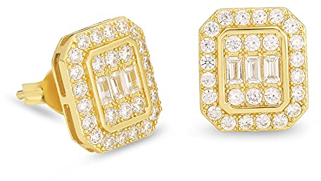 KRKC&CO S925 Silber Ohrringe Iced Out, allergiefreie 14K Gold beschichtet Ohrsteckers, mit Zirkonia Steine, 10mm, Geschenk für Herren Damen, Hip Hop Ohrring Groß, mit Schmuckkästchen Golden