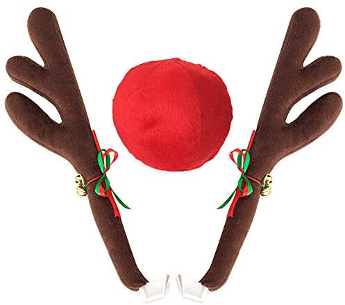 Weihnachten Auto Rentier Geweih und rote Nase Set, Fahrzeug Weihnachtsdekoration Auto Dekoration Rentier Kit mit Jingle Bells Rudolph Rentier und rote Nase für Autozubehör Weihnachts-Geweih