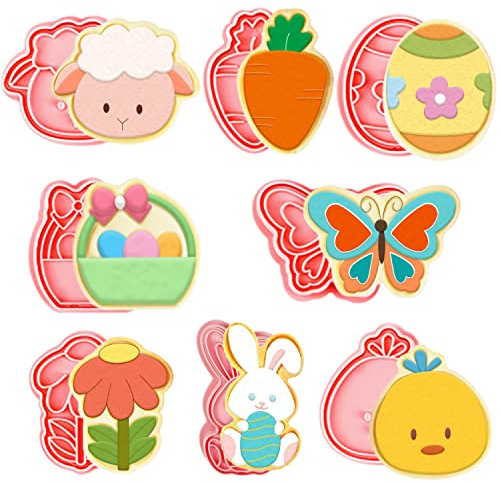 Leesgel Easter Cookie Cutters, 8pcs 3D Pressable Pastry Cookie Cutter Shapes with Easter Eggs Rabbit Basket Flower Butterfly Carrot for Easter Decorations Baking Cake Accessories