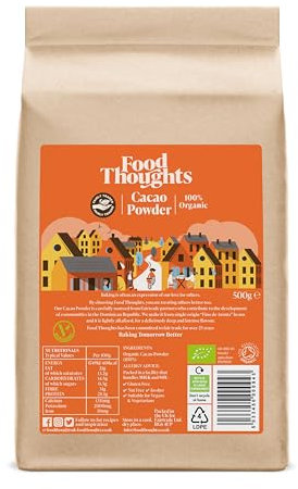 Food Thoughts Organic 100% Cacao Powder (500g bag) | Non Alkalised | Fairly Traded | Gluten Free, Sugar Free, Soy Free Dairy Free, Nut Free | High in Fibre, Minerals, Antioxidants