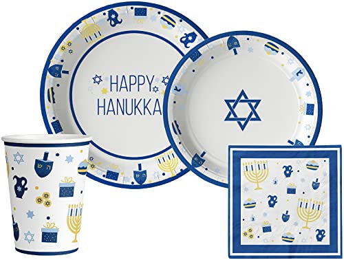 Paquete de vajilla Happy Hanukkah: Juego de platos de papel, servilletas y tazas desechables para 20