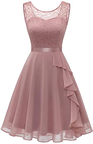 Berylove Cocktailkleid Damen Kurz Jugendweihe Kleider Abendkleider Elegant für Hochzeit Spitzenkleid BLP7052 Blush M
