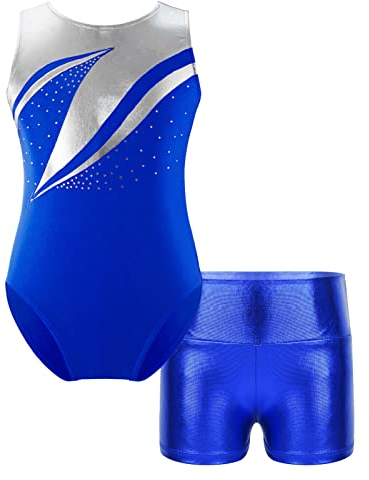 iEFiEL 2 Stück Mädchen Metallic Turnanzug Ärmellose Gymnastikanzug mit Shorts Ballett Trikot Ballettkleidung Wettkampf Tanzkostüm W Royal Blau 134-140