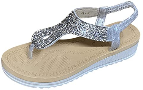 Pogolino Damen Sandalen Glitzer Zehentrenner Riemchen Blumen Nieten Sommer Sandaletten A9 – Silber – 40