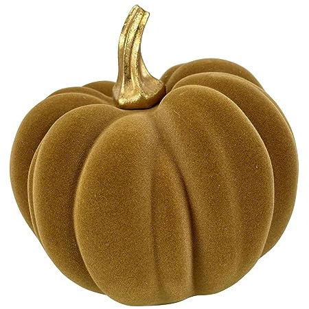 OF 1 Eleganter Deko Kürbis mit Samt Beflockung - Herbstdeko Kürbisse (Senfgelb, 16 cm)