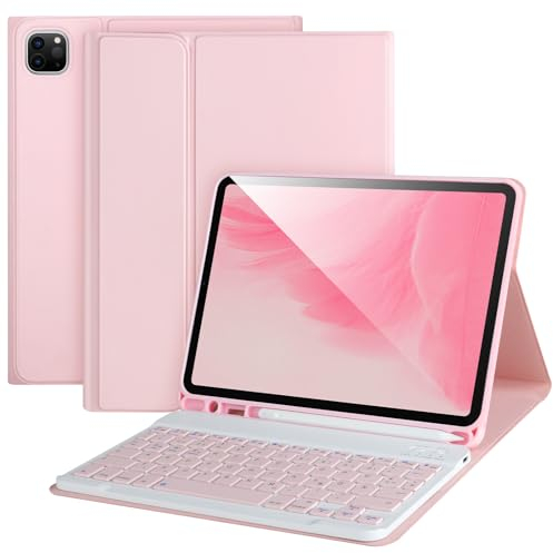 Tastatur hülle für iPad Air 11 2024 M2,iPad Pro 11 Zoll 4./3./2./1. Generation (2021/2020/2018), abnehmbare Bluetooth-Tastatur mit Stifthalter,Rosa