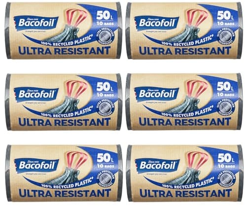 Bacofoil Ultra Resistant Bin Liners with Drawstring Handles 50L - Leak-Proof and Tear Resistant Bin Bag with Ultra Protection Technology (6 Rolls, 60 Bags)
