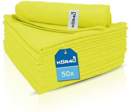 kör4u 50 paños de microfibra amarillo, 40 x 40 cm, 300 g/m², paños de limpieza para cocina, baño, cuidado del coche, paños de limpieza, paños de pulido, absorbentes, lavables a máquina a 60 °C