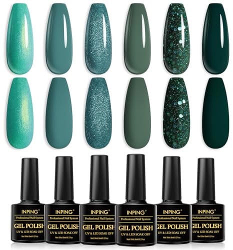 INPING Gel Nail Polish, 6 Colors Blue Green Gel Polish, Metallic Peacock Green Darkcyan Dark Green Velvet Sparkle Glitter Nail Varnish Set Soak Off UV/LED for Nail Art Manicure Kit