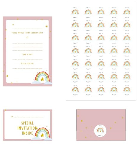Manta Makes 35 Kids Childrens birthday party invitations, kids invites with envelope design for girls or boys with free stickers (Pink Star and Rainbow)