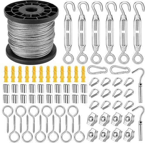 FANTICDE 50m/2MM Garden Wire for Climbing Plants, Fence Rope Clips, Heavy Duty 304 Stainless Steel Cable, Turnbuckle Tensioner Kit, Catenary Wire for String Lights Hanging