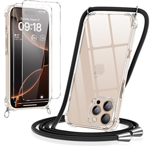 Pnakqil Coque pour iPhone 16 Pro avec Cordon de Collier + 2×Verre Trempé, Etui avec Collier - Transparente Silicone Coque Antichoc Housse Réglable Lanyard Case Portable Protection Cover, Noir