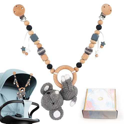 JWTRSVTY Holz und Häkeln Kinderwagenkette mit Cartoon Tieren, Weihnachten Geschenkverpackung - Geschenk zur Geburt für Babys Ab 0+ Monaten (Koala)