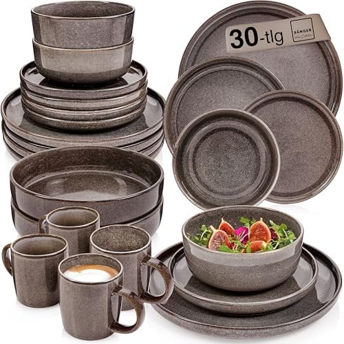 SÄNGER Kairo Graphit | Kombiservice 6 Personen, Teller Set Kaffeebecher Pastaschale 30 tlg, Steingut Geschirr Set spülmaschinen- mikrowellen- kratzfest, Geschirrset aus Steingut | VALUE COLLECTION