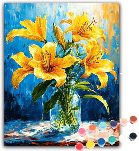 Malen Nach Zahlen Lilie Malen Nach Zahlen Erwachsene Kreativ Bastelset, Paint by Numbers Anlage, DIY Handgemalt Ölgemälde Kit Mit Pinseln und Acrylfarbe, Ohne Rahmen Geschenk für Wand Dekor 45X60CM