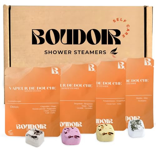 BOUDOIR SELF CARE - Set bombes/vapeurs de Douche, 4 maxi Sachets, 4 Senteurs, jusqu'à 16 douches, Aromatherapie,Revigorant, Relaxant, Idee Cadeau, Coffret Beaute, Pack découverte avec filet diffusion