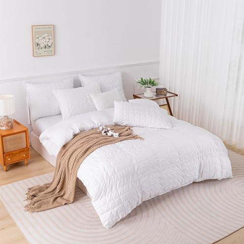 YASMENG Parure de lit 3 pièces en seersucker moderne en microfibre douce et respirante avec housse de couette de 200 x 200 cm et 2 taies d'oreiller de 80 x 80 cm, motif à carreaux, blanc