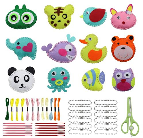 CONNECTION 12 Stück DIY Nähset Kinder Nähspass für Kinder Nähset Tierformen Filz Bastelset Nähen Kind Filztiere Nähen Set mit Schere Bunt Plastiknadeln Stickgarn Füllwatte für Kind ab 6 Jahre