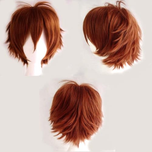 YEESHEDO Unisex perücke Auburn kurzer Bob Anime Cosplay Kurzhaar Perücke,volle natürliche Schicht, glatt, flauschiges Haar, Party, Kostüm, Perücke für Damen, Herren, Jungen, Mädchen (kupferbraun)
