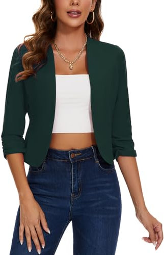 LADI TREND Womens Jacket 3/4 Ruched Sleeve Elegant Cropped Blazers Suit Open Front Outerwear (Dark Green S)