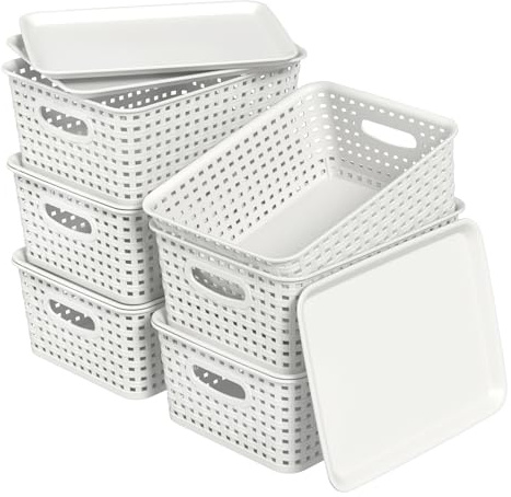 Afromy 6 Pack Plastic Stackable Storage Baskets with Lid, White | Weave Storage Organizer Basket, Plastic Organizer Bins, Nesting Design for Pantry, Closet, Bathroom, Office