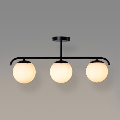 B·LED BARCELONA LED Deckenlampe “Talí” mit 3 Opalglas-Kugeln – Minimalistisches Nordisches Design – 3xE27 – Metall Schwarz – Diffuse Beleuchtung für Wohnzimmer, Esszimmer oder Schlafzimmer
