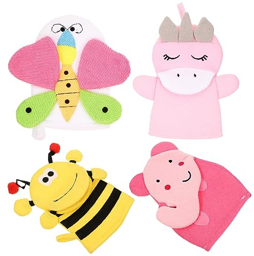 JUMPLAWN 4 Stück Kinder Badehandschuhe mit Kreativem Cartoon Design aus Leichtem Verbundbaumwollmaterial Einzigartig Geformt für Bad und Hautreinigung Zufälliger Stil