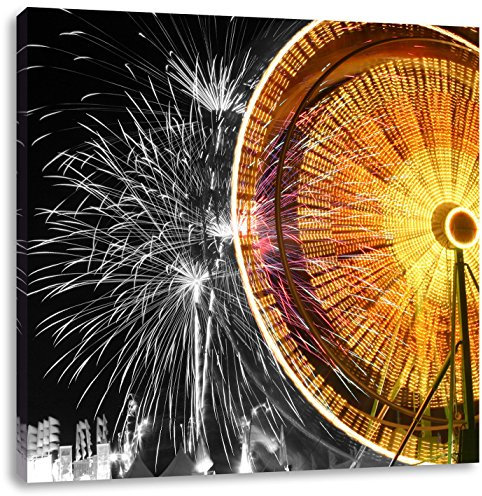 Pixxprint Jahrmarkt mit Feuerwerk, 60x60cm, Leinwandbild Quadratisch, Wandbild, Kunstdruck, fertig bespannt