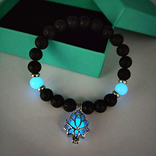 Lavastein Armband, Fluoreszenz Lotus Anhänger Natürliche Vulkangestein Leuchtende Perlen Armreif, Handgefertigte Yoga Elastische Manschette Unisex Armband Schmuck Festival Paar Geschenk Der Freunds