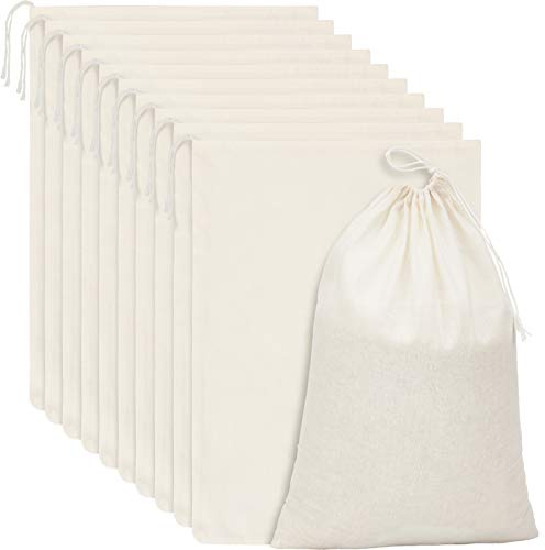 15 Packs Muslin Bags with Drawstring Canvas Large Storage Cloth Bags Bulk Cotton Reusable Grocery Sacks DIY Craft Sachet Sacks for Party Wedding Home Storage, Natural Color(13.8 x 10 Inches)