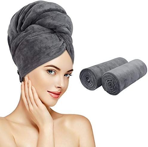 Sunland 2 Stück Mikrofaser Haartücher super saugfähig schnell trocknend Haartrockentuch Anti Frizz Haarturban weiche Kopfhandtuch mit Gummiband 100 x 50 cm Grau